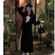 批发秋<b class='q'>冬</b>新款赫本风气质修身显瘦高级感丝绒连衣裙小众拼接长裙女