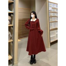 批发法式复古假两件绝美<b class='q'>连衣裙</b>女秋季新款显瘦减龄甜美红色<b class='q'>礼服</b>A字裙