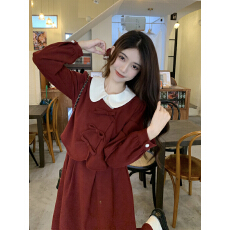 批发秋季年新款<b class='q'>大码</b>微胖MM法式显瘦别致酒红色假两件礼服<b class='q'>连衣裙</b>子
