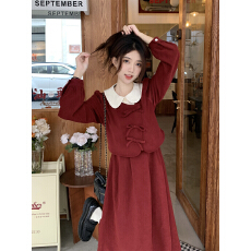 批发<b class='q'>秋季</b>年新款大码微胖MM法式显瘦别致酒红色假两件礼服<b class='q'>连衣裙</b>子