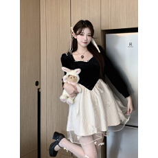 批发法式宫廷风公主蓬蓬裙女秋季胖MM高级感超好看方领<b class='q'>连衣裙</b>