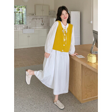 批发叠穿针织<b class='q'>背心</b>马甲休闲简约绑带长袖连衣裙女春季新款时尚套装