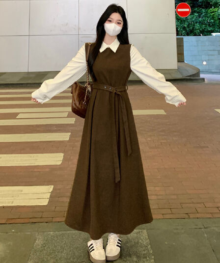 한 부서 동대문 빅 사이즈 지방 mm 페이크 레이어드 품격 폴로 칼라 패치워크 고급 센스 슬림해 보이는 롱 코트 여성 드레스