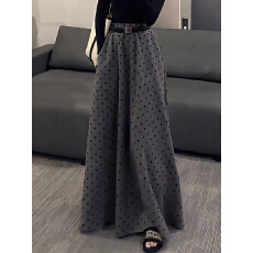 批发胖mm韩系小众波点设计半身裙女秋季新款灰色<b class='q'>复古</b>气质大摆半身<b class='q'>长裙</b>