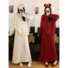 批发巨好看的圆领长袖针织裙女秋冬季新款加厚宽松蝴蝶结拼接<b class='q'>连衣裙</b>子