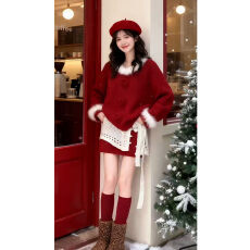 批发己出货 搭设计感拼接毛绒红色毛衣显瘦韩系高腰短裙两件<b class='q'>套装</b>