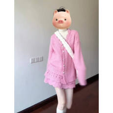 批发气质千金风粉色毛衣套装女秋冬甜美软糯V领针织开衫半身裙两件套