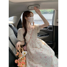 批发小飞袖<b class='q'>连衣裙</b>女夏季2026新款法式玫瑰印花收腰显瘦中长款A字裙子