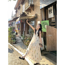 批发长款<b class='q'>背心</b>花边裙子女夏季新款法式度假风绝美印花无袖<b class='q'>背心</b>连衣裙