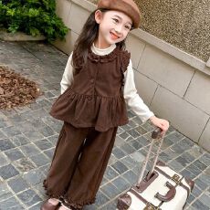 批发女童秋季休闲小女孩<b class='q'>韩版</b>木耳边马甲三件套女宝宝时髦洋气时尚套装