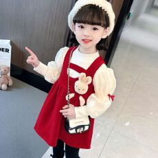 批发加绒女童2025秋冬新款泡泡袖长款裙子兔年喜庆女宝宝公主裙套装