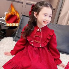 批发【<b class='q'>韩国</b>绒复合布+拉链】小女孩盘扣红色喜庆年服裙冬新款女小童秋