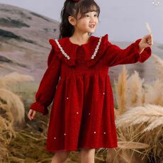 批发女童连衣裙2025新款<b class='q'>秋</b>冬季儿童洋气珍珠领公主裙拜年服加绒新年服