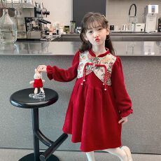 批发女童旗袍2025新款长袖加绒<b class='q'>连衣裙</b>儿童新中式国风女孩红色喜庆裙子
