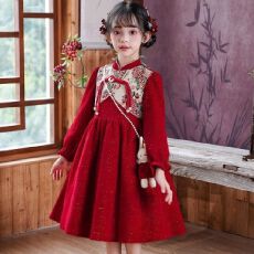 批发女童旗袍2025新款长袖加绒<b class='q'>连衣裙</b>儿童新中式国风女孩红色加厚裙子
