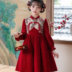 批发女童旗袍2025奶奶秋冬新款长袖加绒<b class='q'>连衣裙</b>儿童新中式女孩红色裙子