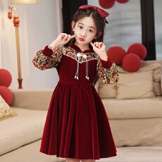批发红色旗袍<b class='q'>女童</b>高端<b class='q'>礼服</b>连衣<b class='q'>裙</b>儿童花童中国风小女孩过年拜年服秋冬