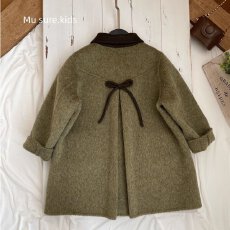 批发韩国童装秋冬新款复古绿翻领呢蝴蝶结大衣女宝宝中长款毛呢外套潮