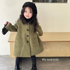 批发韩国童装秋冬新款复古绿翻领双面呢蝴蝶结大衣女童中长款毛呢外套