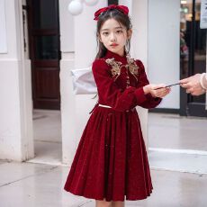 批发<b class='q'>女童</b>红色<b class='q'>新年</b>裙子冬装2025儿童加绒过年战袍拜年服女孩秋冬连衣裙