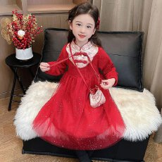 批发女宝宝秋<b class='q'>冬</b>季加绒中国风拜年连衣裙2026新款加厚喜庆过年红色裙子