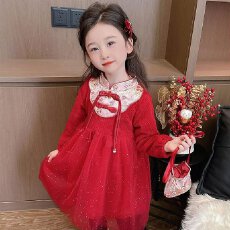 批发女宝宝秋<b class='q'>冬</b>季加绒中国风拜年连衣裙2026新款喜庆过年红色绝美裙子