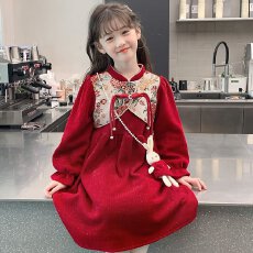 批发<b class='q'>女</b><b class='q'>童</b>旗袍2026<b class='q'>新款</b>长袖加绒连衣裙儿童新中式国风女孩红色过年裙子