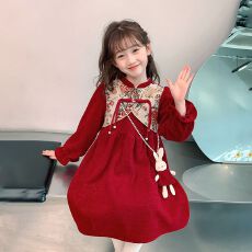 批发<b class='q'>女</b><b class='q'>童</b>旗袍2026奶奶秋冬<b class='q'>新款</b>长袖加绒连衣裙儿童新中式女孩红色裙子