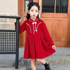 批发女童旗袍<b class='q'>连衣裙</b>2026秋冬小女孩公主裙加绒加厚小众儿童长袖红裙子