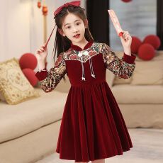 批发红色旗袍女童高端礼服<b class='q'>连衣裙</b>2026儿童中国风小女孩过年拜年服秋冬