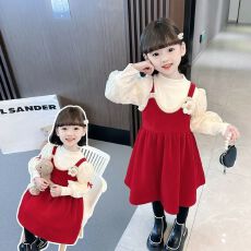 批发【金丝绒】<b class='q'>秋</b>套裙长袖连衣裙女宝宝洋气时髦灯笼袖红色2026公主裙