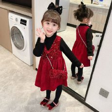 批发女童加绒连衣裙红色新年套装礼服裙子2026过年服背心公主裙<b class='q'>秋</b>冬款