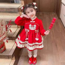 批发女童连衣裙2026新款儿童周岁红色礼服公主裙女宝宝<b class='q'>秋</b>冬喜庆拜年服
