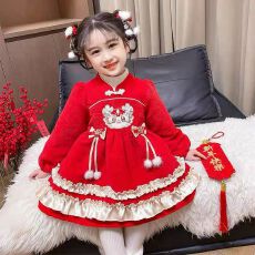 批发女童长袖连衣裙冬装新款儿童周岁礼服公主裙2026女宝宝喜庆拜年服