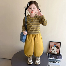 批发女童条纹连帽套装春秋季2026新款洋气儿童秋装女宝宝灯笼裤两件套