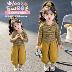 批发女<b class='q'>小童</b>洋气黄色条纹连帽套<b class='q'>装</b>2026春秋季新款女宝宝休闲运动两件套