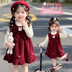 女宝宝红色裙子洋气春秋季秋装女童长袖公主连衣裙2026新款韩版潮