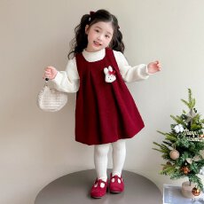 女童加绒兔子背带裙套装秋冬新款女宝宝加厚红色新年公主裙两件套