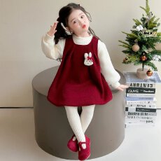女童连衣裙兔子儿童秋冬季加绒拜年服过年喜庆新年红色女宝宝裙子