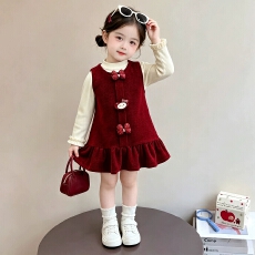 批发女童<b class='q'>连衣裙</b>秋冬2026新款洋气宝宝加绒背心裙儿童<b class='q'>蝴蝶结</b>公主裙套装