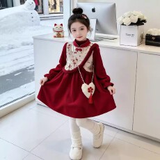 汉服女童表演服唐装儿童国风加绒连衣裙女宝宝新中式喜庆周岁礼服