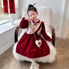 女童冬季新款裙子中国风加绒加厚儿童新年拜年服连衣裙宝宝过年穿