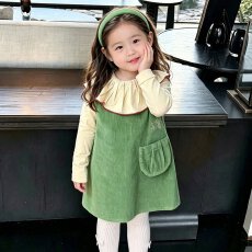 批发女童裙子春秋26新款儿童灯芯绒背心裙荷叶边打底衫绿色<b class='q'>连衣裙</b>套装