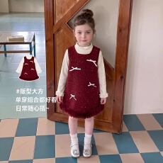 批发<b class='q'>女童</b>红色<b class='q'>蝴蝶结</b>加绒连衣<b class='q'>裙</b>套装秋冬儿童小香风拜年服两件套新年装