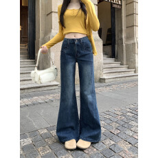 批发实拍~小个子美式复古不贴腿微喇牛仔裤女高腰垂感喇叭拖地长裤