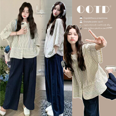 批发夏季新款~宽松设计感 <b class='q'>休闲</b>减龄 时尚条纹衬衫+阔腿裤<b class='q'>孕妇</b><b class='q'>套装</b>