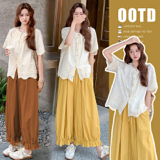 批发夏季<b class='q'>新款</b> 时尚气质百搭宽松蕾丝上衣+松驰感花苞阔腿<b class='q'>裤</b><b class='q'>孕妇</b><b class='q'>两件</b>套