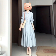 批发法式蓝色长袖衬衫<b class='q'>连衣裙</b>子女早秋季2025新爆款温柔风收腰气质长裙