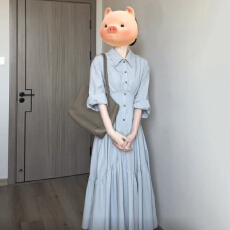 批发法式蓝色长袖衬衫<b class='q'>连衣裙</b>子女早秋季2025新爆款温柔风收腰气质长裙