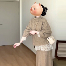 批发韩系高领毛衣蕾丝<b class='q'>连衣裙</b>套装女2025年新款秋冬季长裙穿搭配一整套